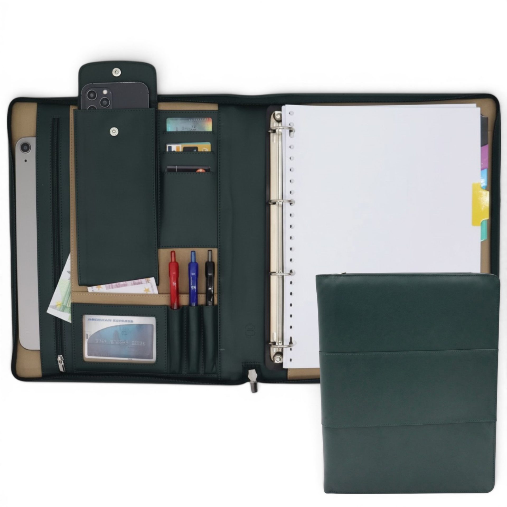 Parijs Leren Schrijfmap – Conferentiemap – Documentenmap A4 – Tablethoes & Laptopsleeve – Uitneembare Ringband -Groen donker