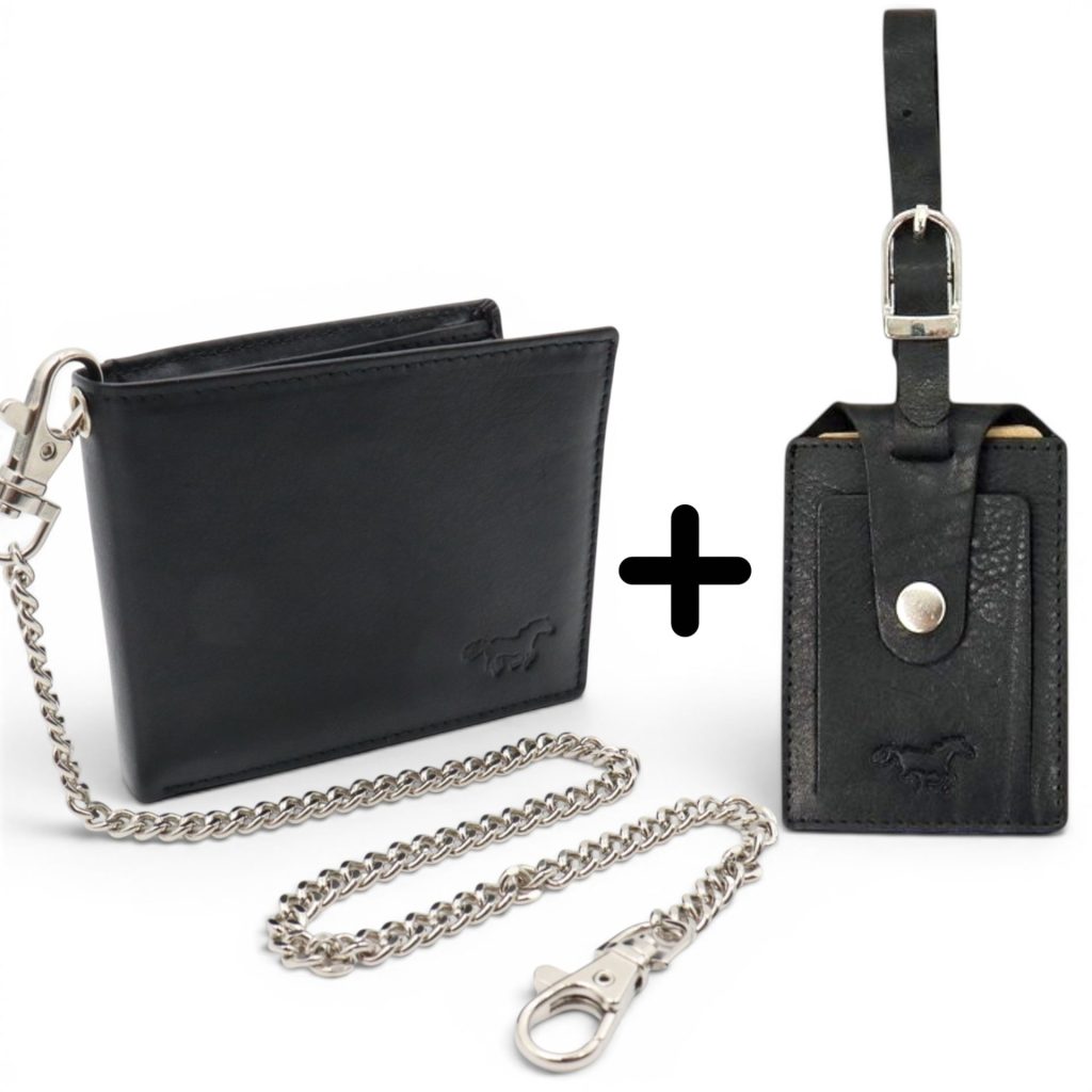 Luxe Reisset – RFID Leren Portemonnee met Ketting (40 cm) en Privacy Bagagelabel – Echt Rundleer – Zwart