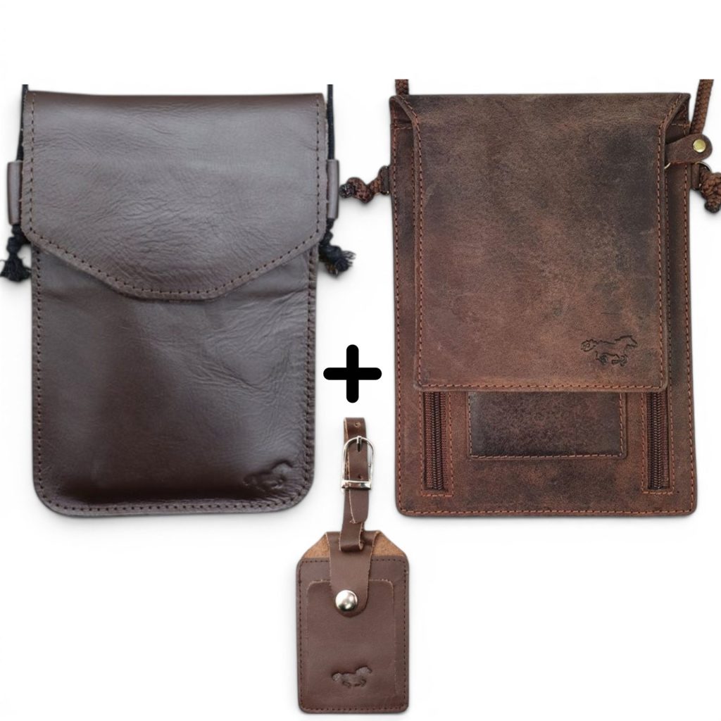 Luxe 3-Delige Reisset – 2x Leren Nektasjes en 1x Privacy Bagagelabel – Echt Leer – Bruin