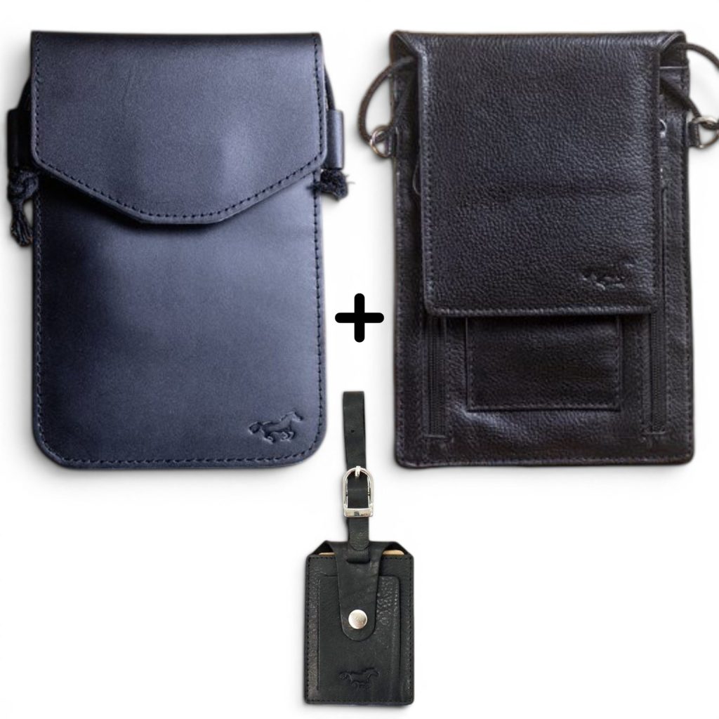 Luxe 3-Delige Reisset – 2x Leren Nektasjes en 1x Privacy Bagagelabel – Echt Leer – Zwart