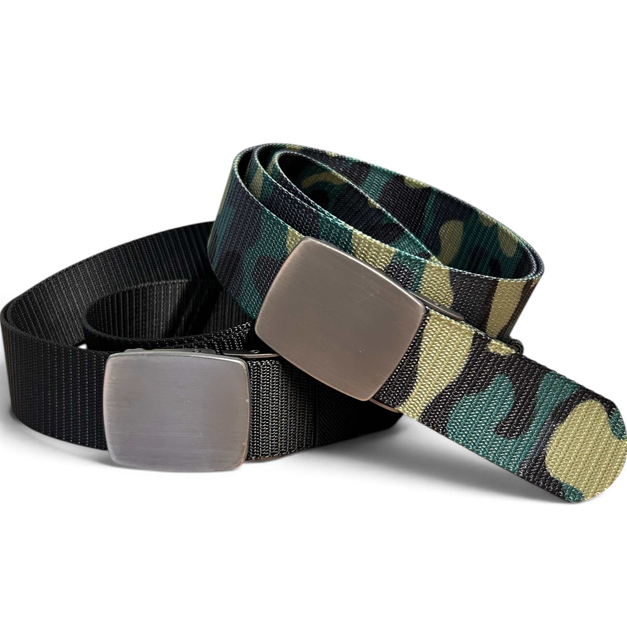 Tactische Nylon Riemen Set – 2-Pack – Zwart en Camouflage met Metalen Gesp – 4 cm Breed – Automatische Klemgesp – 130 cm – Inkortbaar