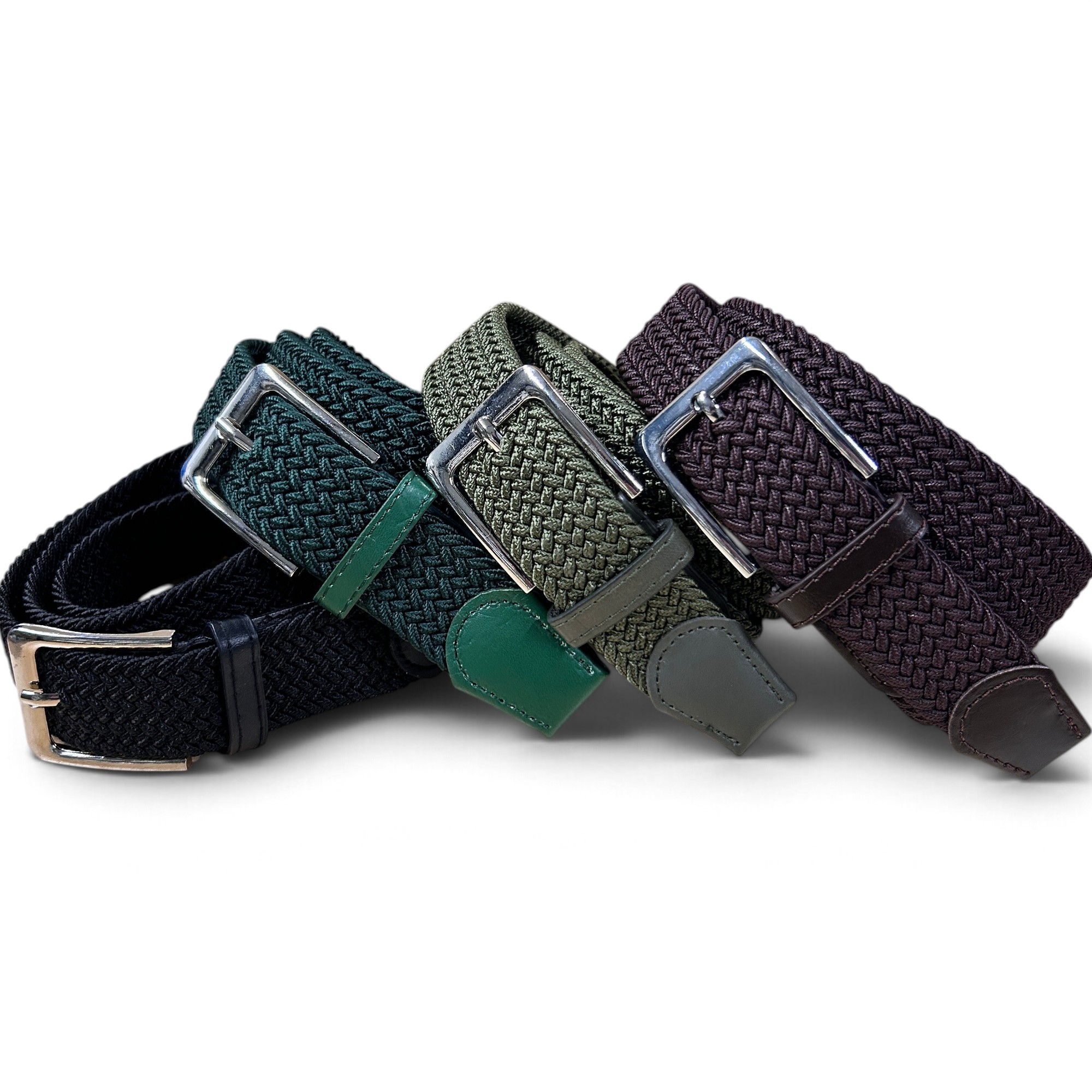 Elastische Riemen Set – 4-Pack – Zwart, Donkerbruin, Legergroen en Donkergroen – Nickelvrije Gesp – 3.5 cm Breed – Stretch Riem 110 cm
