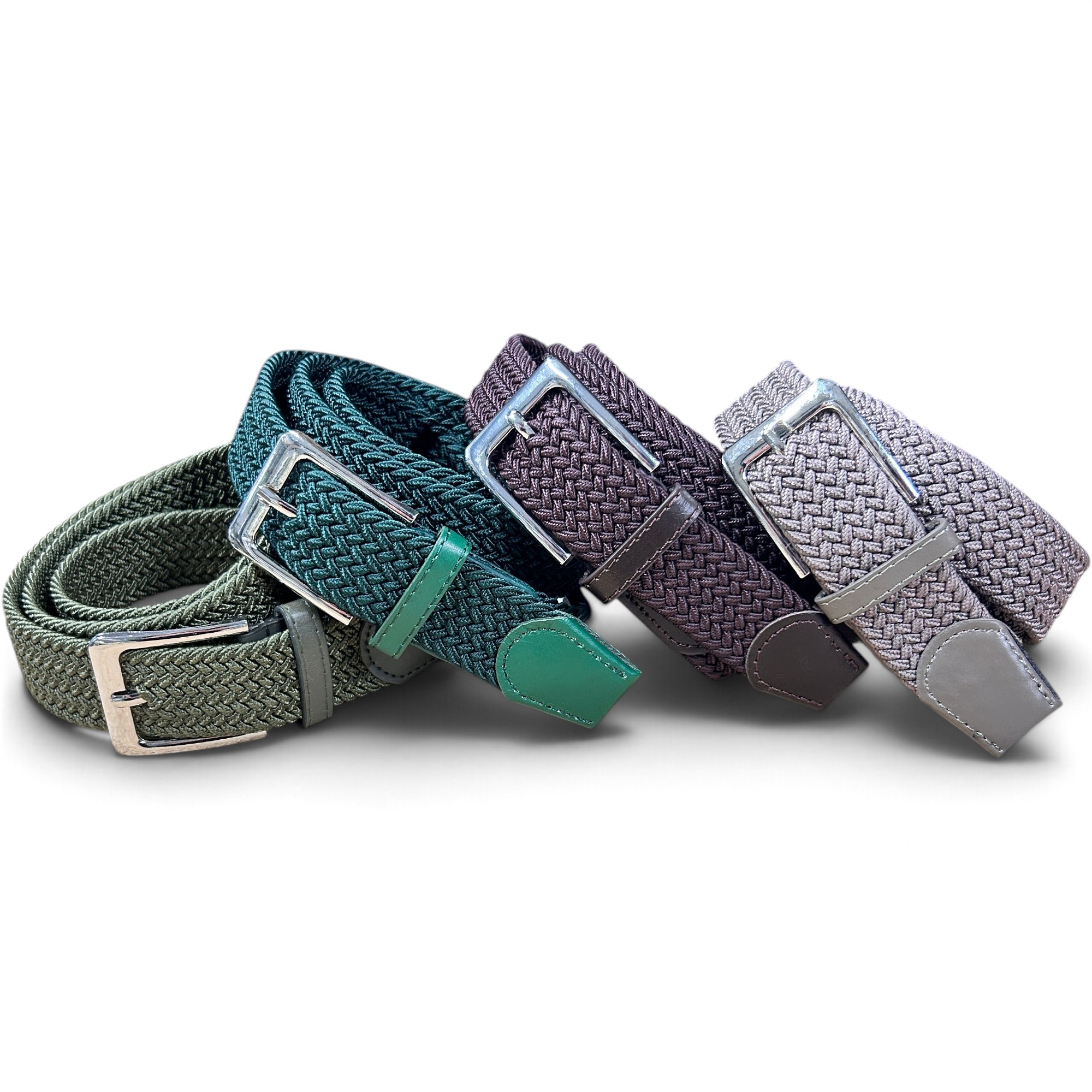 Elastische Riemen Set – 4-Pack – Taupe, Donkerbruin, Legergroen en Donkergroen – Nickelvrije Gesp – 3.5 cm Breed – Stretch Riem 110 cm
