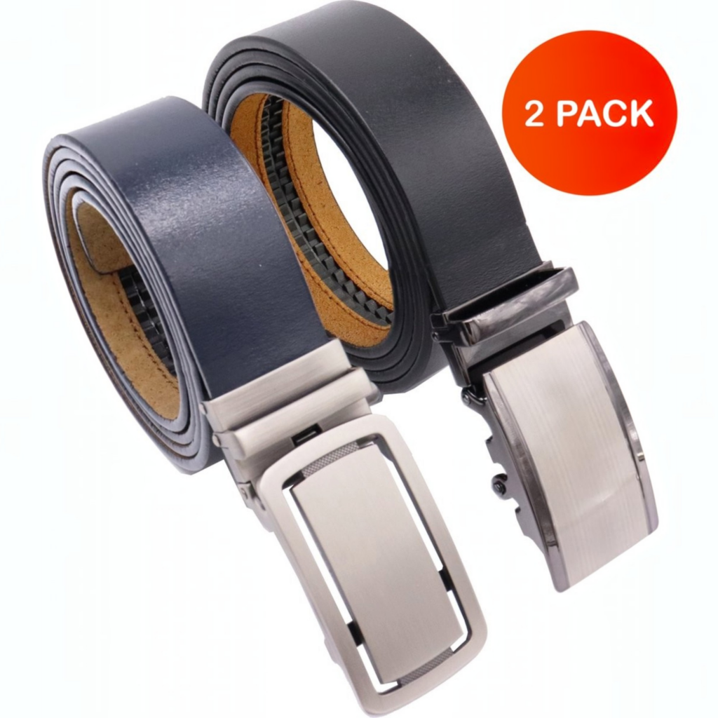 Automatische Heren Riem 2-Pack – 100% Echt Leer – Zwart & Blauw – Met Klikgesp Zonder Gaatjes – 3,5 cm Breed – Traploos Verstelbaar