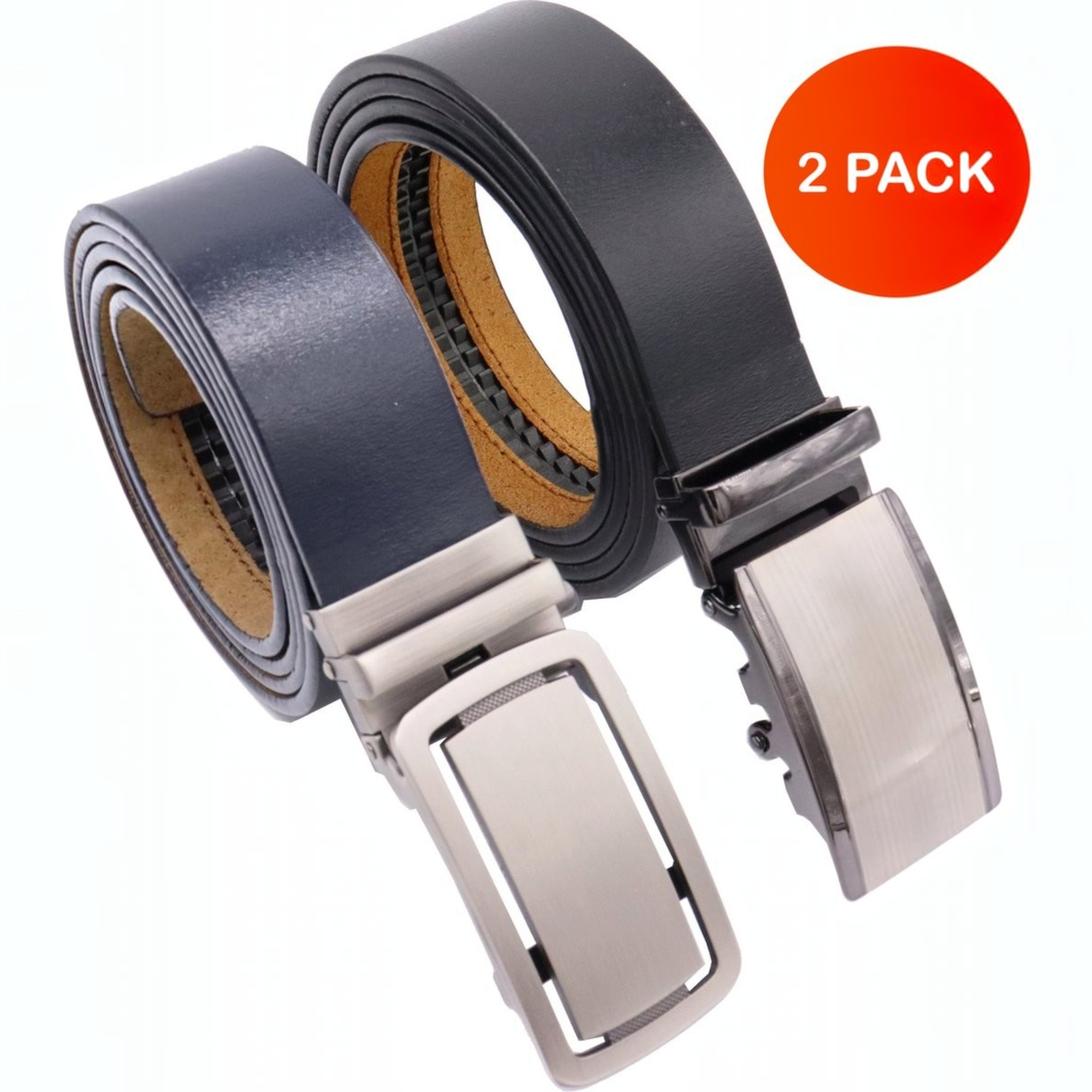 Automatische Heren Riem 2-Pack – 100% Echt Leer – Zwart & Blauw – Met Klikgesp Zonder Gaatjes – 3,5 cm Breed – Traploos Verstelbaar